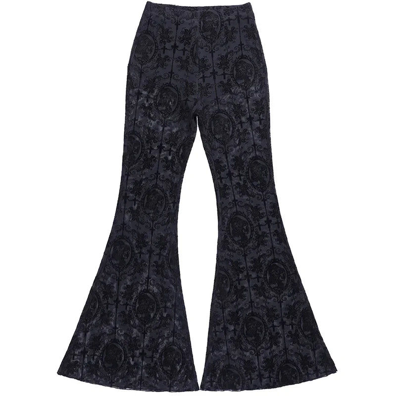 Gothic Mesh Flare Pants – Dark Vintage High-Waist Slim Trousers for Women | Grunge Punk Alt Clothing