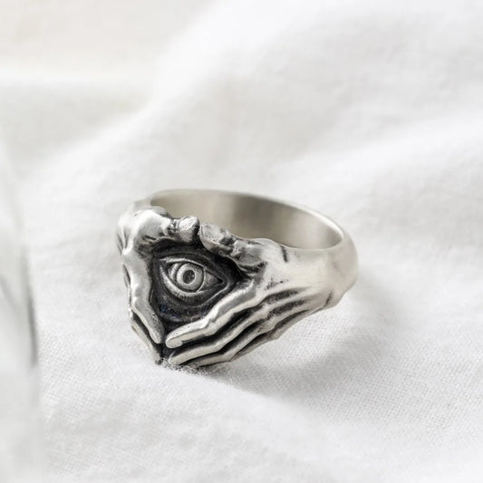 Gothic Guardian Eye & Hands Ring – Silver-Plated Unisex Open Ring | Retro Omnisight Copper Jewelry |  '' Free Shipping ''