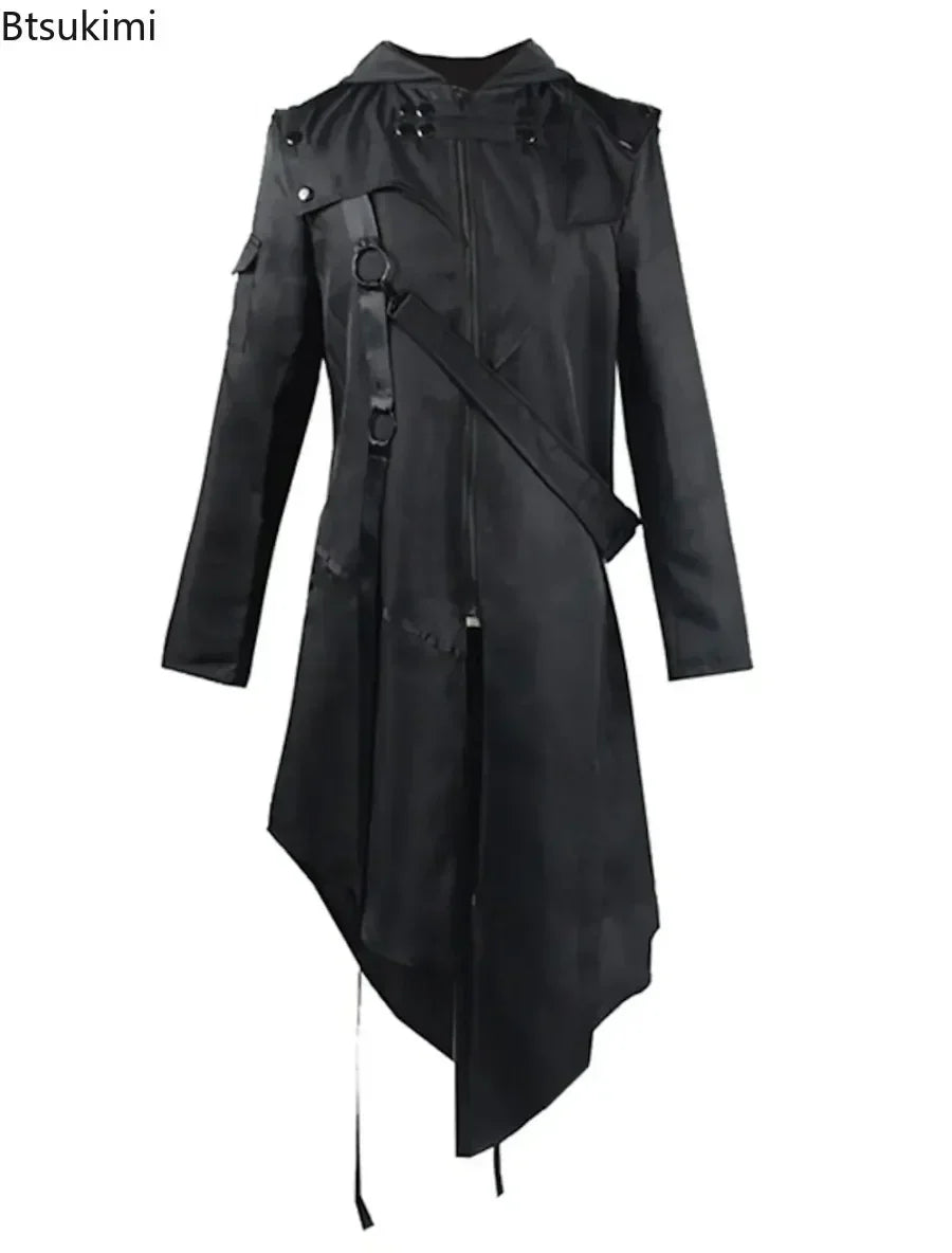 Men's Gothic Punk Hooded Trench Coat – Irregular Long Black Jacket, Halloween Cosplay, Plus Size S-5XL