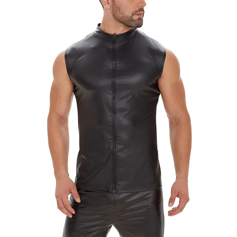 Men's Gothic Punk Sleeveless Zip-Up Shirt – Matte Black Patent Leather Stretch Vest, Summer Slim Fit Clubwear Top