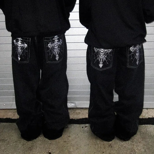Men's Y2K Gothic Skeleton Print Oversized Jeans – Harajuku Wide-Leg Streetwear Pants, Hip Hop Rock Denim
