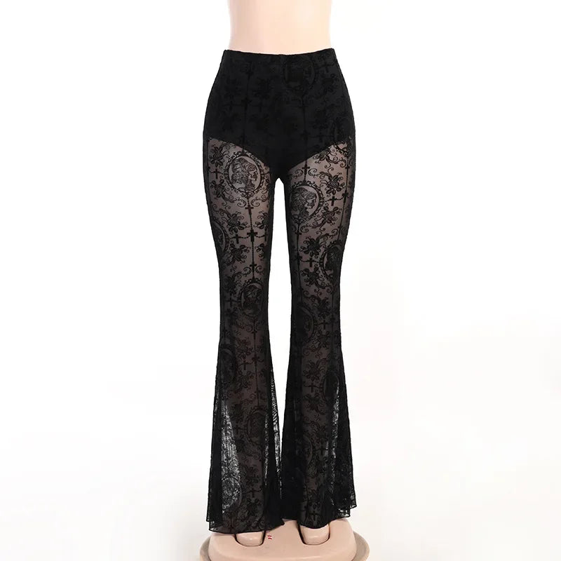 Gothic Mesh Flare Pants – Dark Vintage High-Waist Slim Trousers for Women | Grunge Punk Alt Clothing