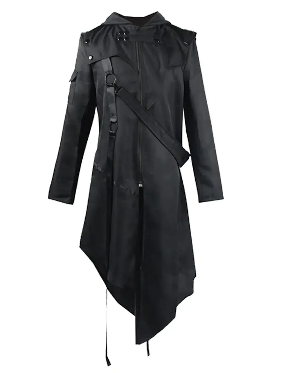 Men's Gothic Punk Hooded Trench Coat – Irregular Long Black Jacket, Halloween Cosplay, Plus Size S-5XL