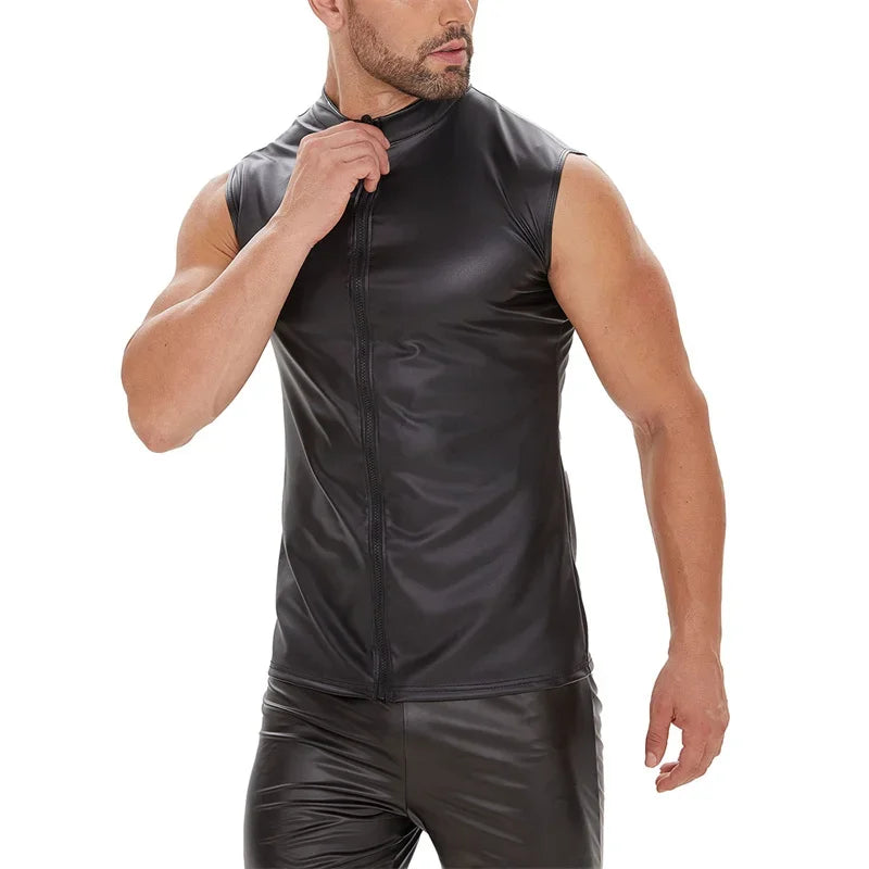 Men's Gothic Punk Sleeveless Zip-Up Shirt – Matte Black Patent Leather Stretch Vest, Summer Slim Fit Clubwear Top